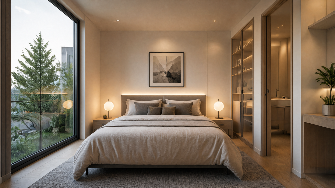 Habitación de hotel boutique con luz cálida